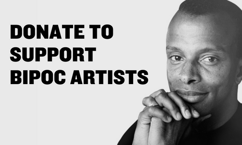 Black text reads Donate to support BIPOC artists. Denis Simpson, in a black and white photo, rests his head on his hands.